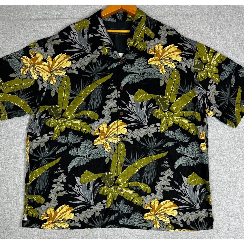 Tommy Bahama Hawaiian Camp Shirt XXL Black 100% Silk Tropical Floral Leaf Print